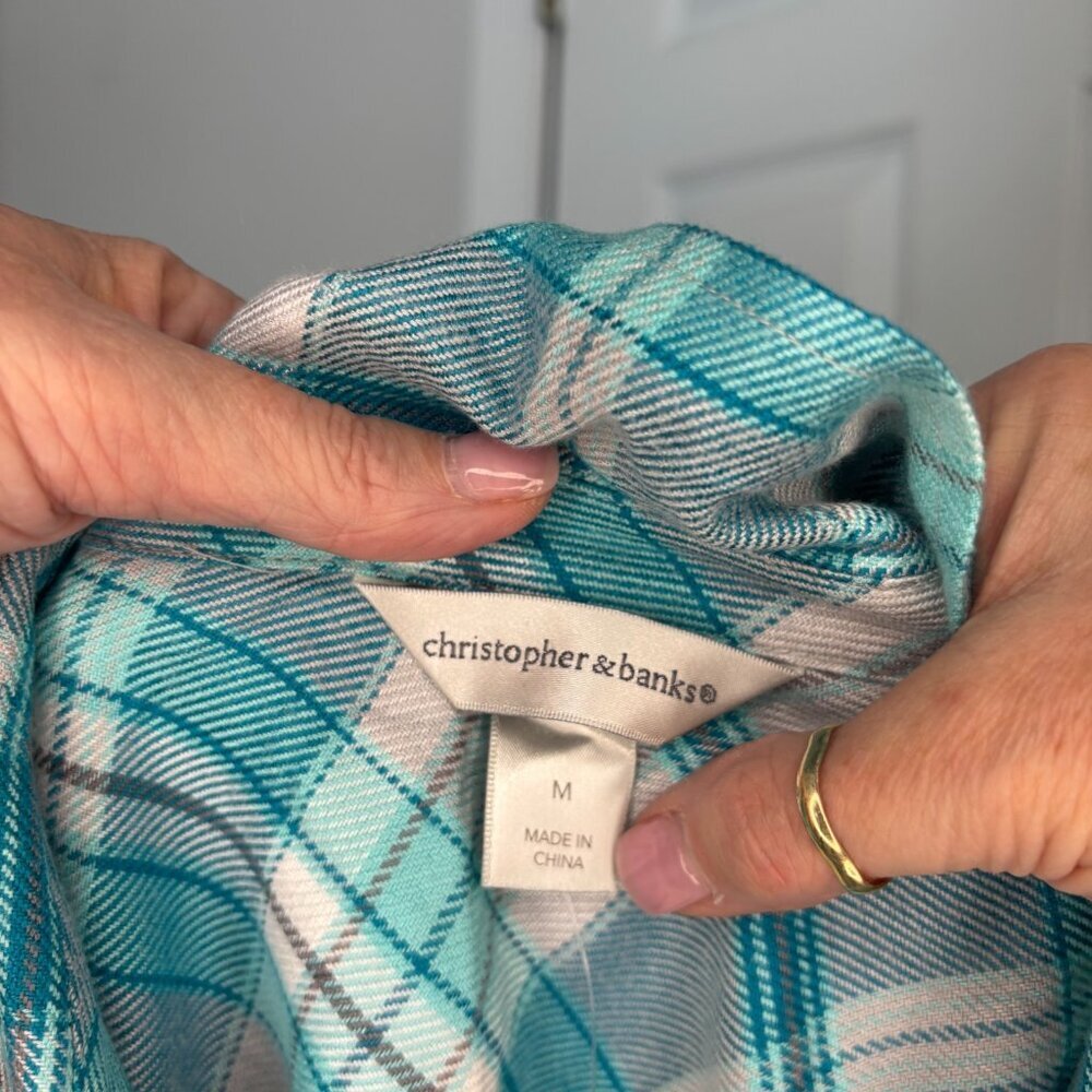 CHRISTOPHER & BANKS NEW Teal Plaid Flannel Womens M Collared Long Sleeve Rayon - Picture 7 of 7